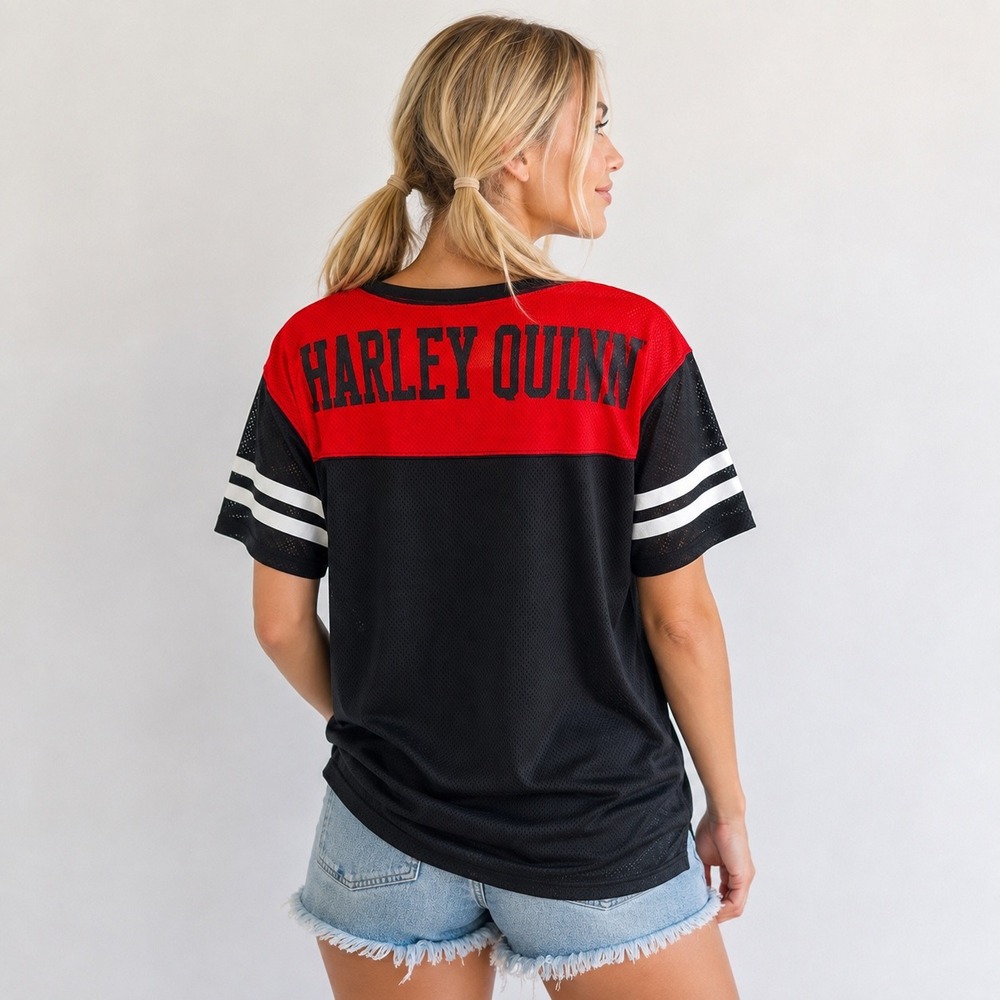 DC Comics Harley Quinn Mesh Jersey Top Red Black Diamond Graphic XL